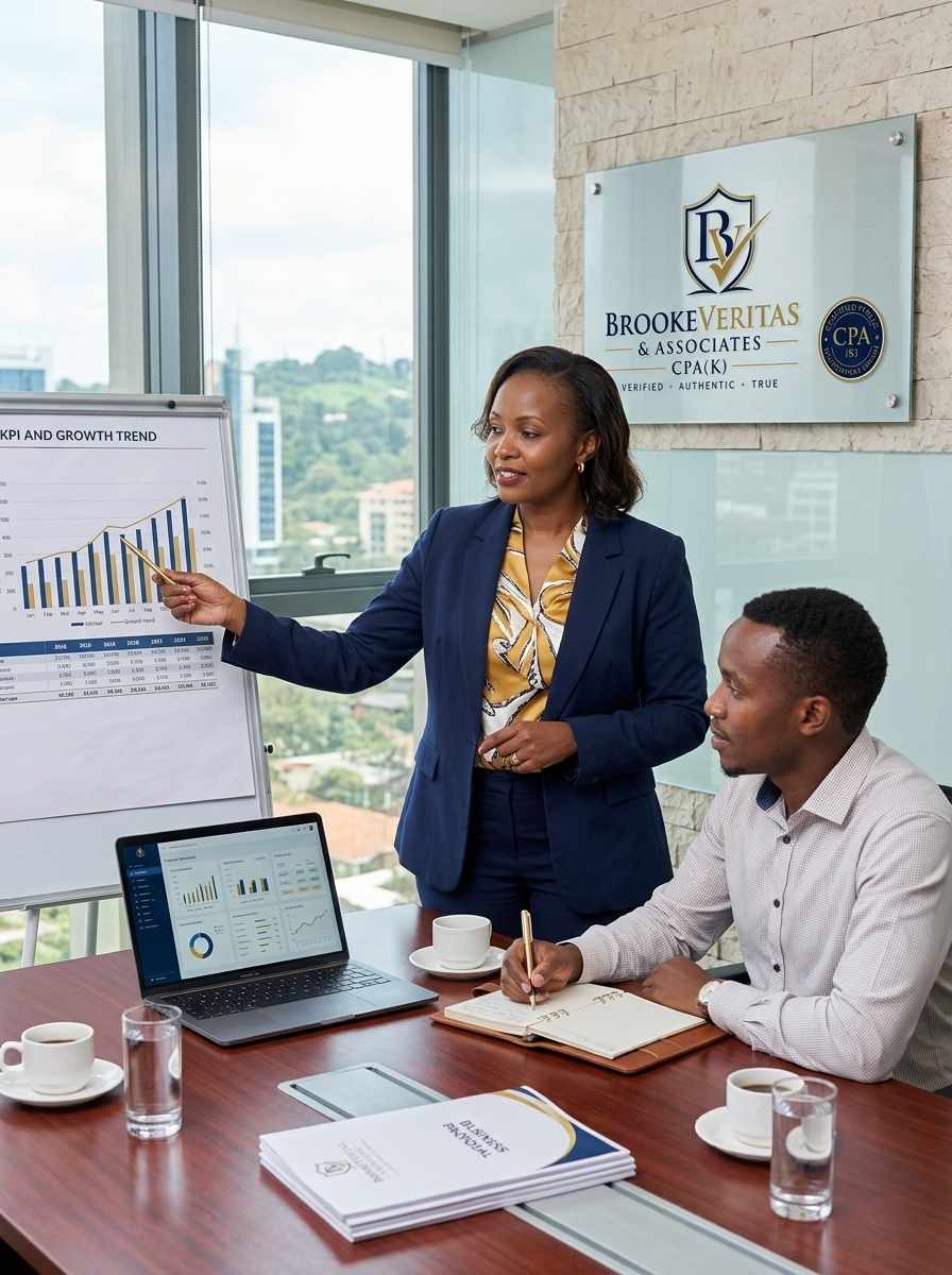 Advisor presenting a KPI growth trend chart on a screen
